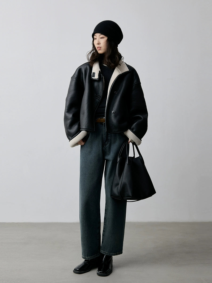 Chaqueta negra corta cálida y resistente al viento con pelo integrado de CAREMIND, chaqueta de solapa de locomotora de moda para mujer