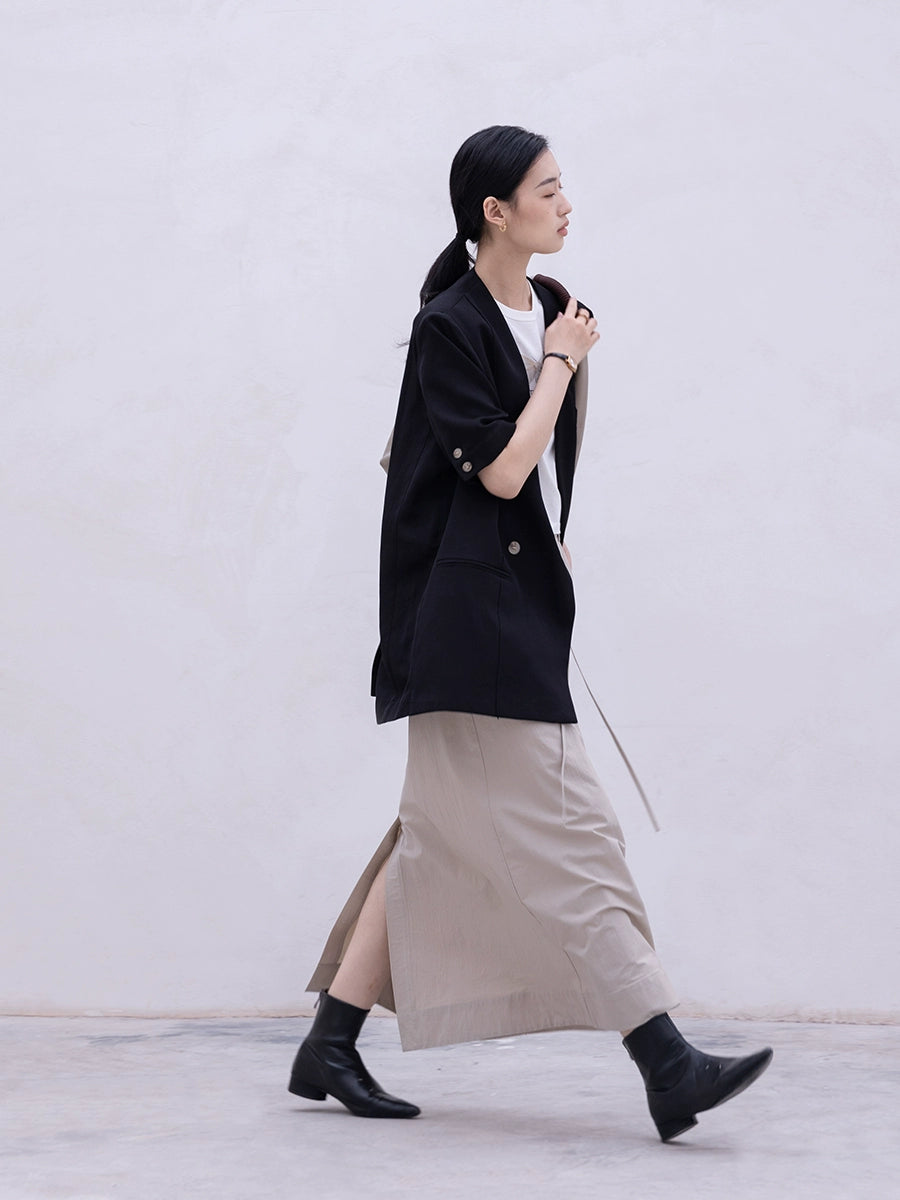 CAREMIND Falda plisada pequeña con cordón de cintura alta de color sólido para mujer, diseño de abertura, estilo simple, falda fina de palabra A, mediana y larga