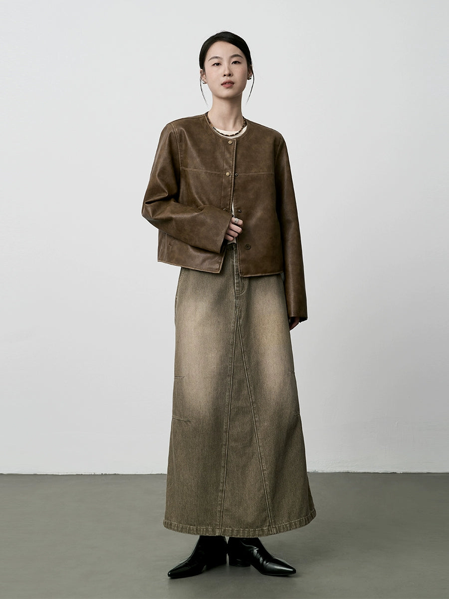 CAREMIND Chaqueta corta de cuero con cuello redondo Chaqueta corta premium Maillard Retro Wear para mujer