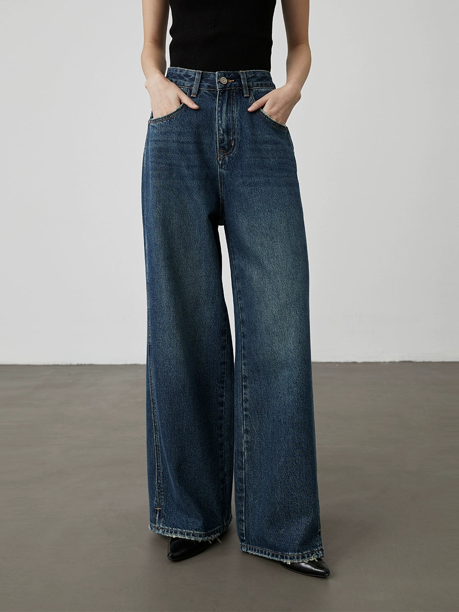 Pantalones vaqueros rectos azules lavados de principios de otoño de CAREMIND, pantalones casuales de pierna ancha, altos y delgados y versátiles