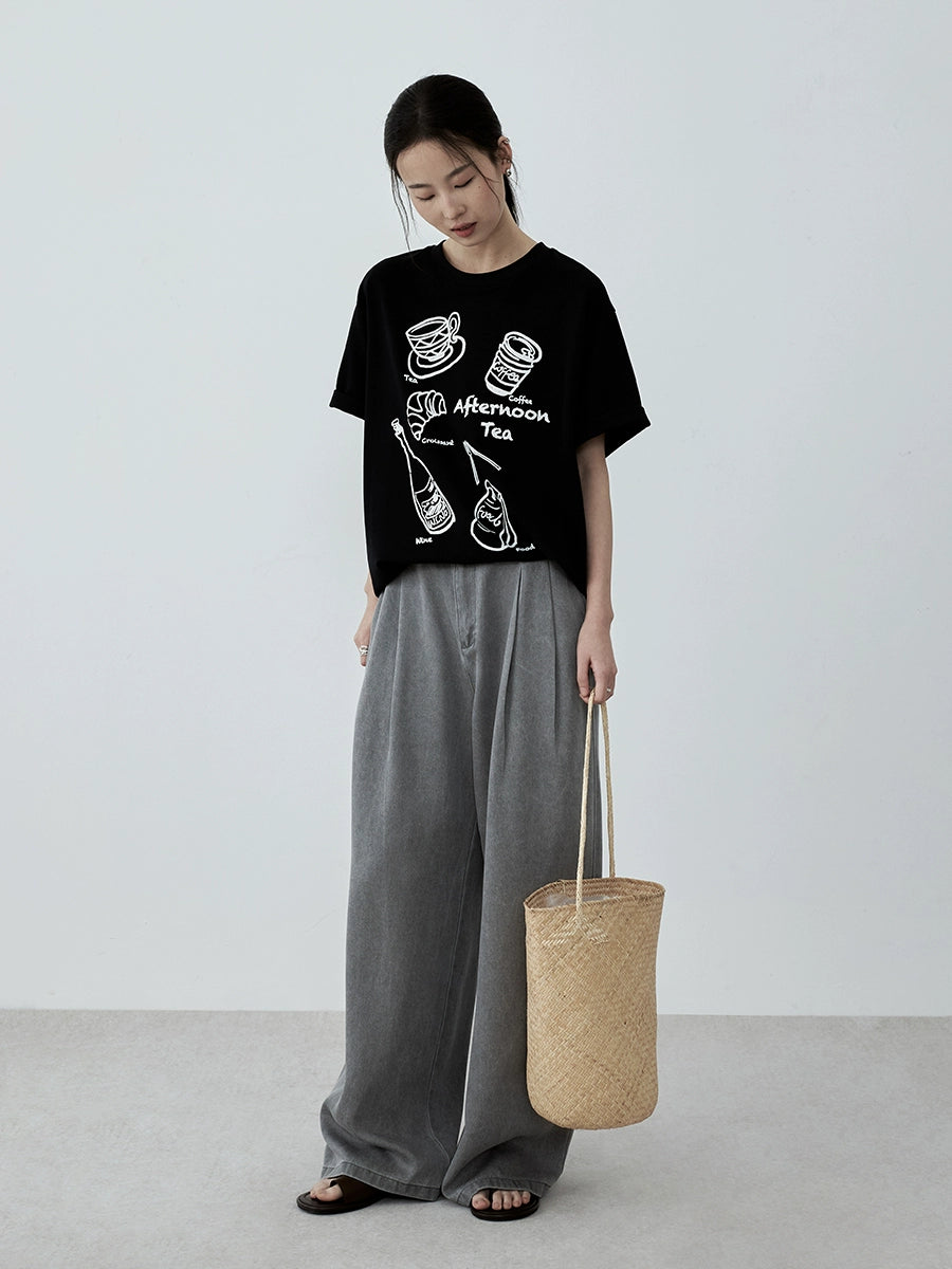 CAREMIND, camiseta minimalista en blanco y negro con estampado de té de la tarde, grafiti en el hombro delantero, informal, de manga corta, novedad de verano