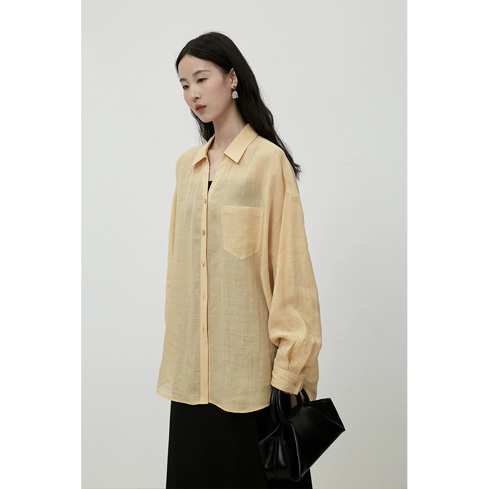 Camisa fina con protector solar de verano CAREMIND Camisa exterior de manga larga amarilla elegante y fresca de Ramie