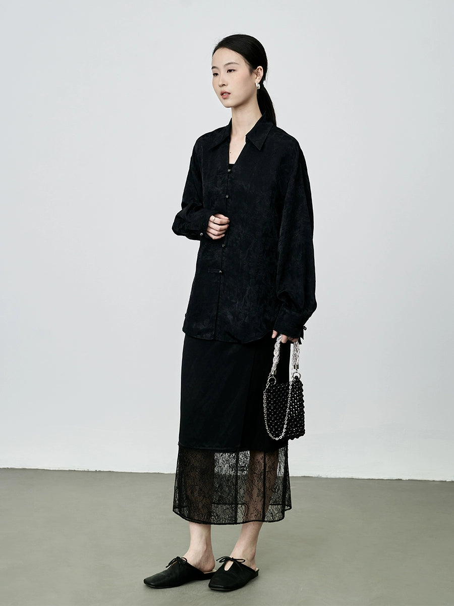 Camisa de jacquard con estampado oscuro chino de CAREMIND, camisa pequeña de manga larga con botones de estilo nacional de alta gama