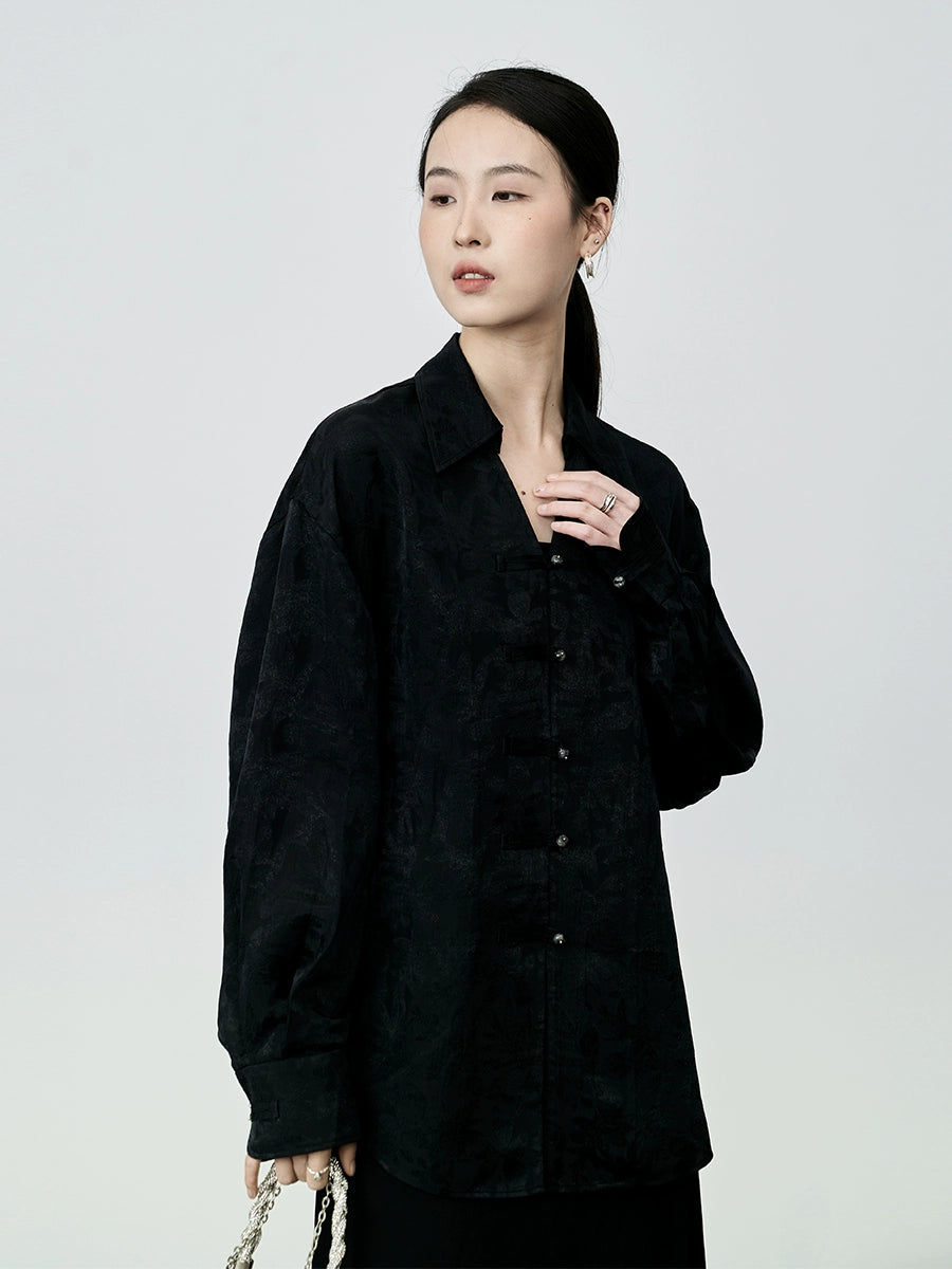 Camisa de jacquard con estampado oscuro chino de CAREMIND, camisa pequeña de manga larga con botones de estilo nacional de alta gama