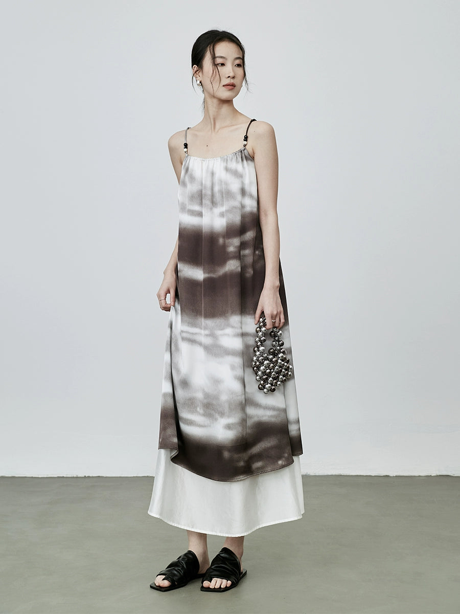 CAREMIND estilo nacional temperamento pintura de tinta vestido de tirantes vestido de otoño nuevo manchado con cuentas sin mangas falda larga