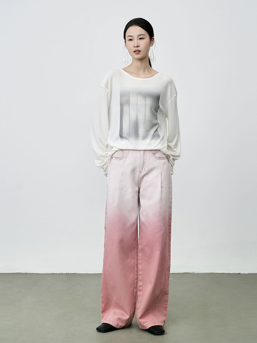 Pantalones rectos con tinte gradual de vitalidad rosa de CAREMIND, pantalones casuales de pierna ancha y finos con drapeado de otoño