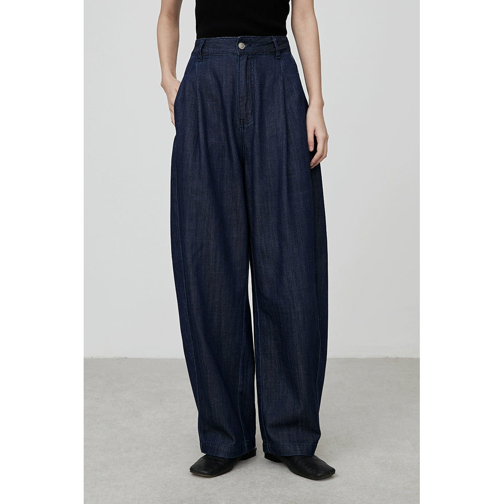 CAREMIND - Polo de mezclilla retro azul oscuro, camisa de manga corta, pantalones vaqueros de pierna ancha para mujer