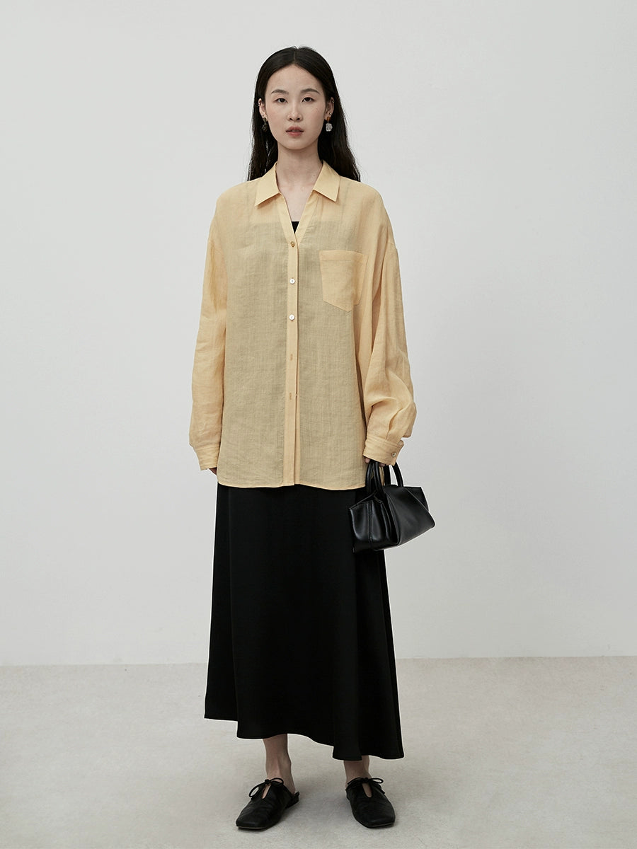 Camisa fina con protector solar de verano CAREMIND Camisa exterior de manga larga amarilla elegante y fresca de Ramie