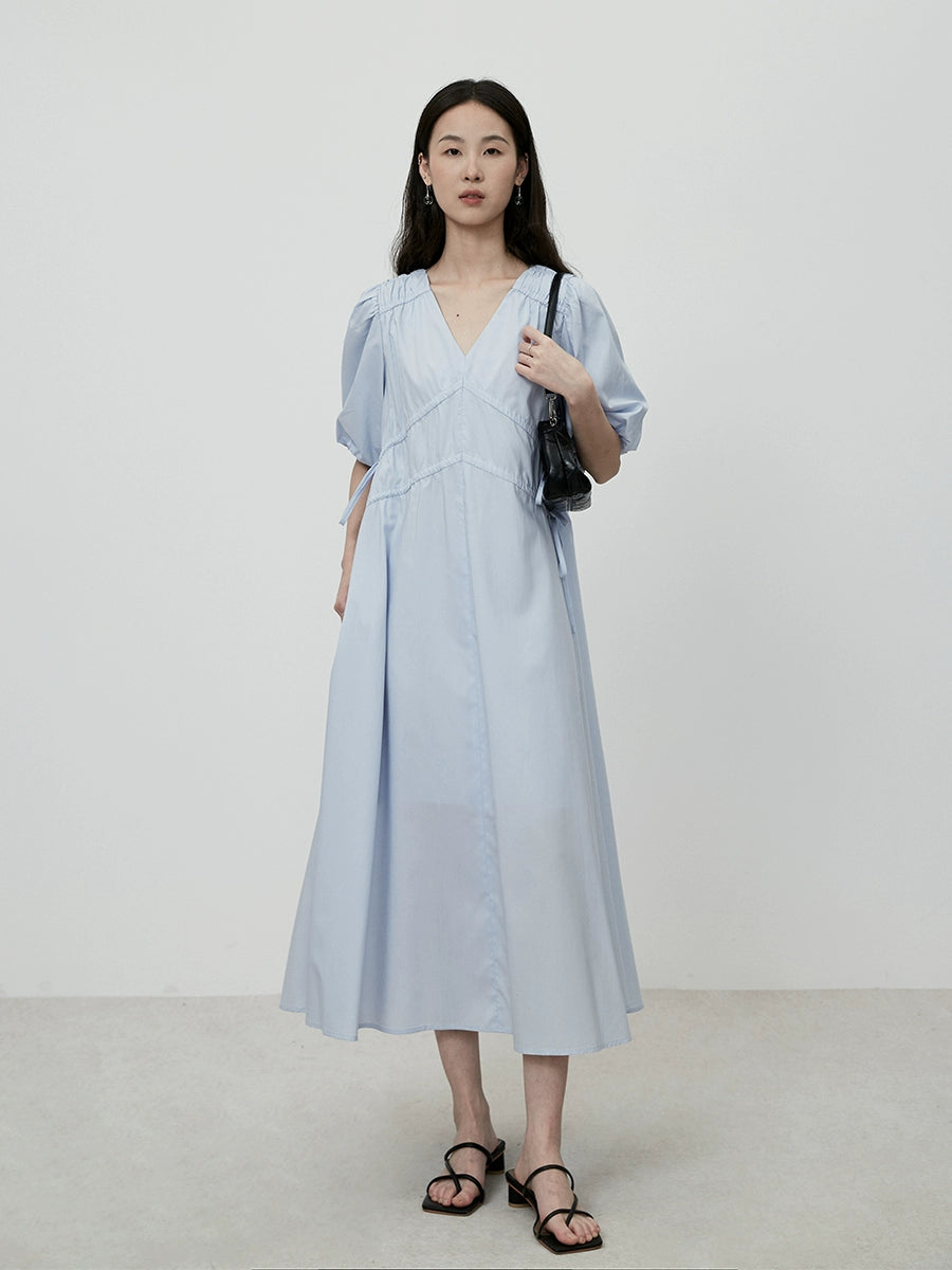 CAREMIND Robe slim bleu clair à col en V français, jupe plissée chic à taille A pour enfants