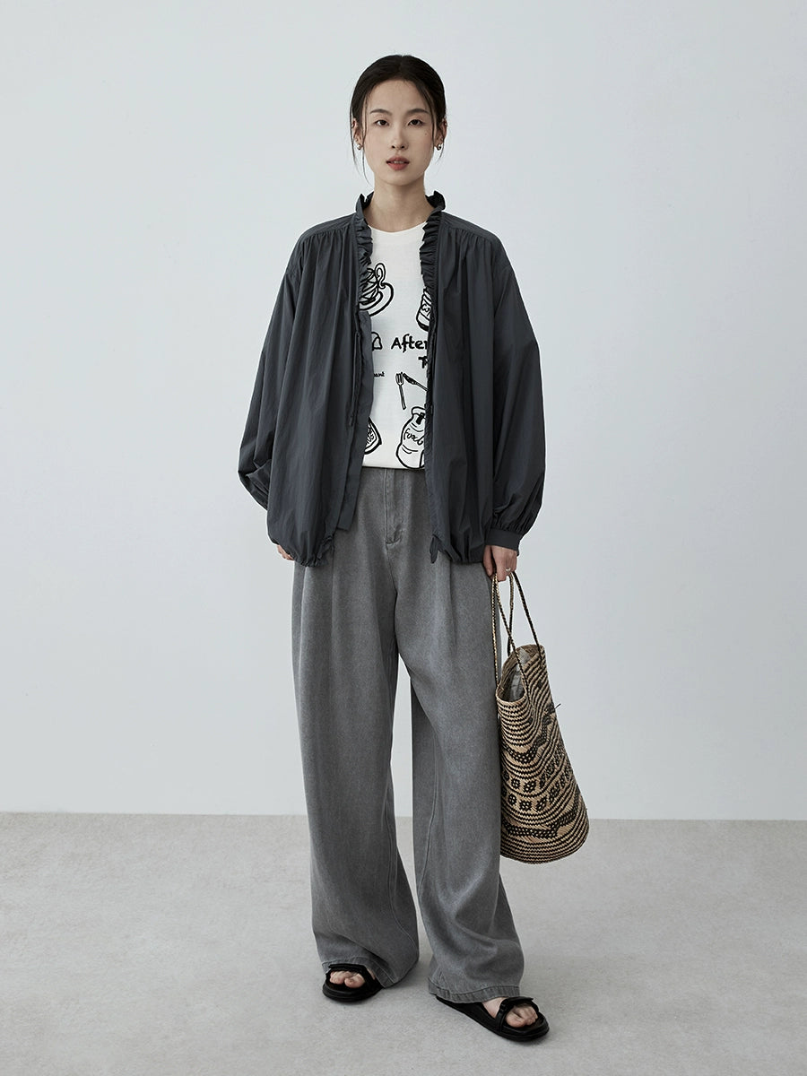 Camisa con cordón y cuello de hongo para exteriores de CAREMIND para mujer, blusa fina informal holgada de otoño