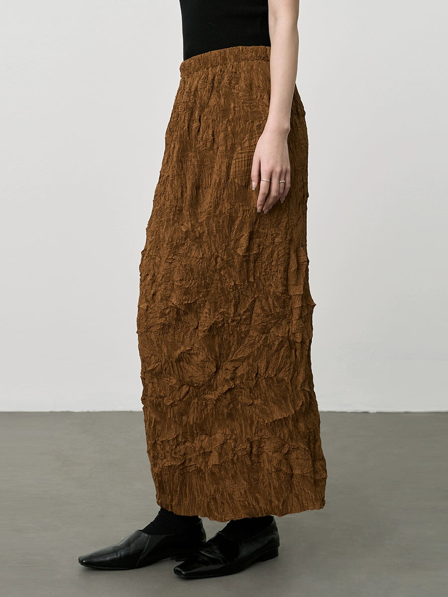 Falda de cintura elástica plisada irregular color café de CAREMIND Falda ajustada de cintura alta con envoltura en la cadera Falda mediana y larga