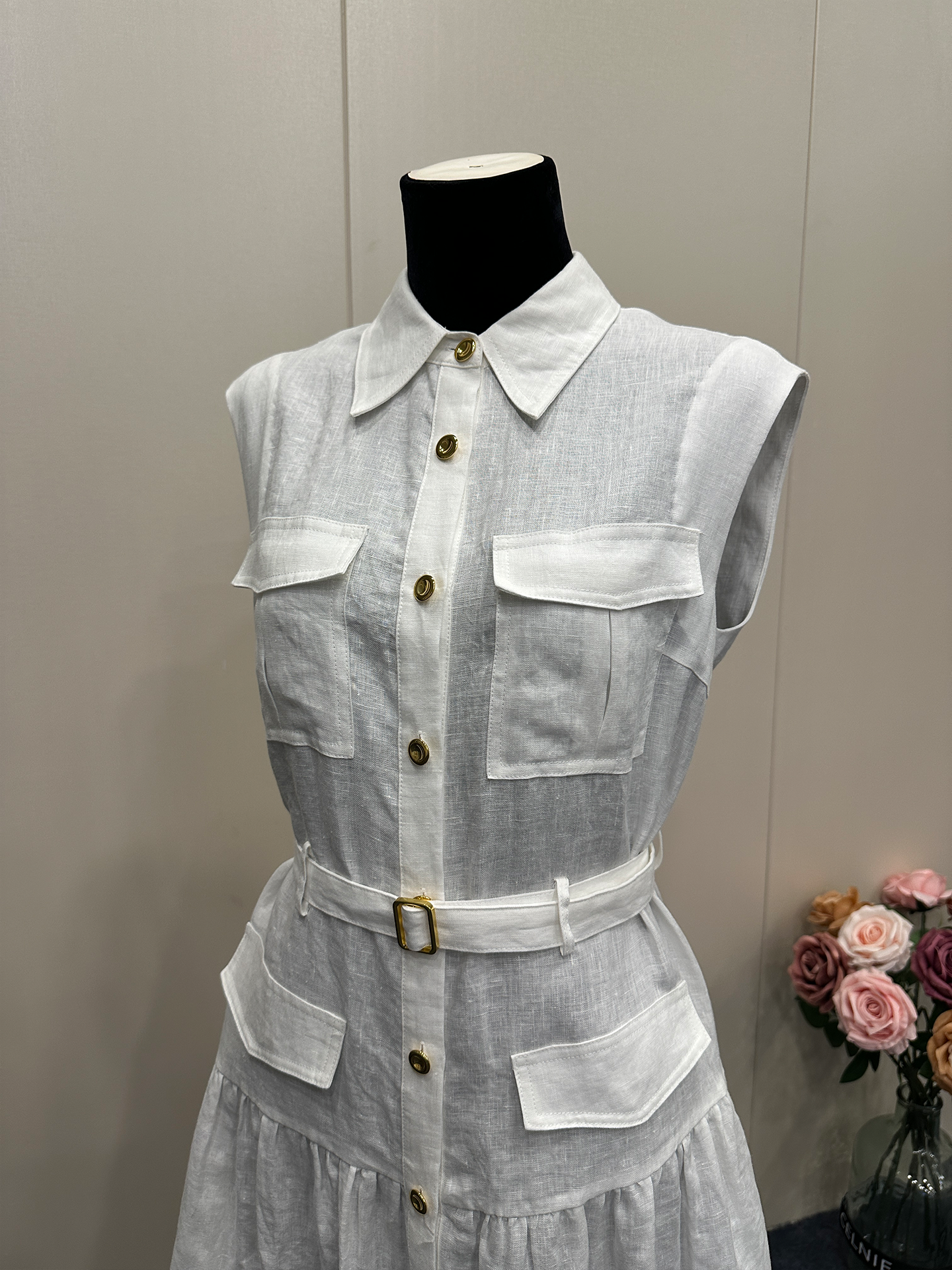 8019★ Kochi old money wind shirt skirt lapel high waist thin sleeveless pure linen dress women 25 summer