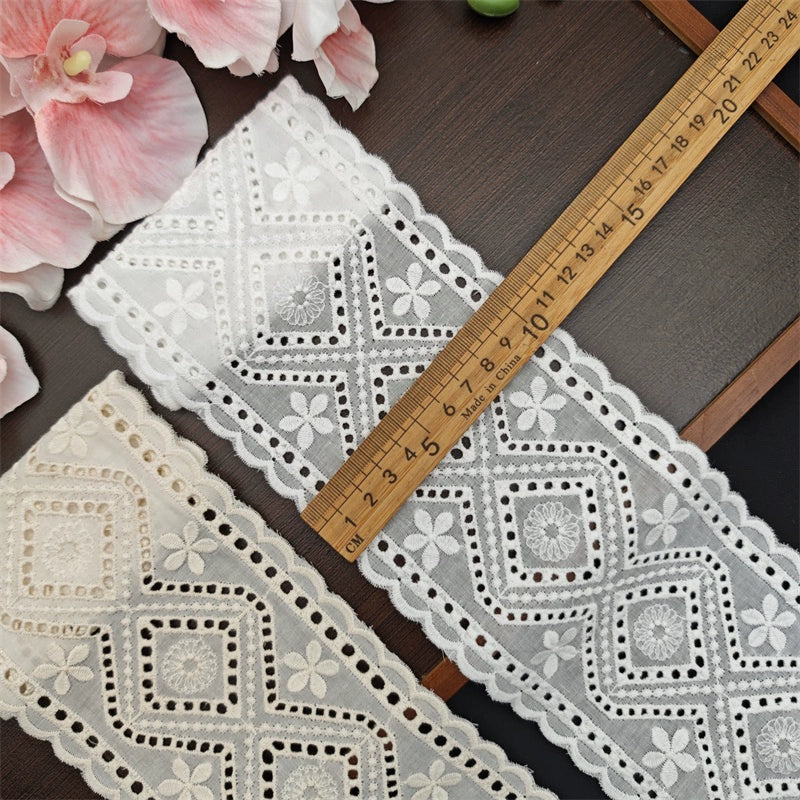 Tela vintage de algodón blanco albaricoque, con borde engrosado, bordado bilateral, 10,5 cm de ancho, hecha a mano, 3786