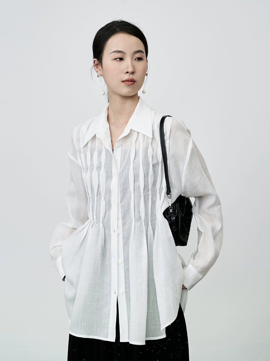 Camisa de diseño Tencel de primera calidad CAREMIND con cintura plisada, camisa blanca clara para mujer