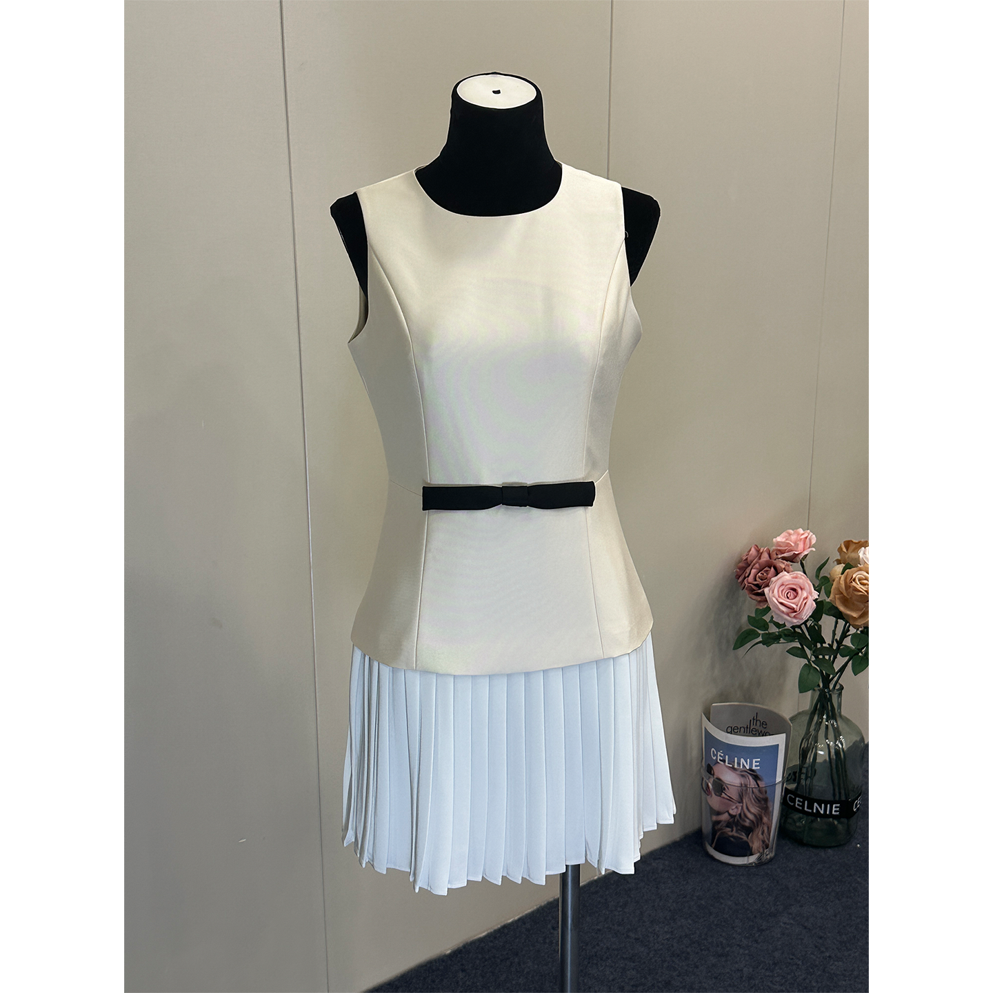 8029★ French suit skirt women's splicing pleated skirt slim high-end commuter sleeveless dress short skirt
