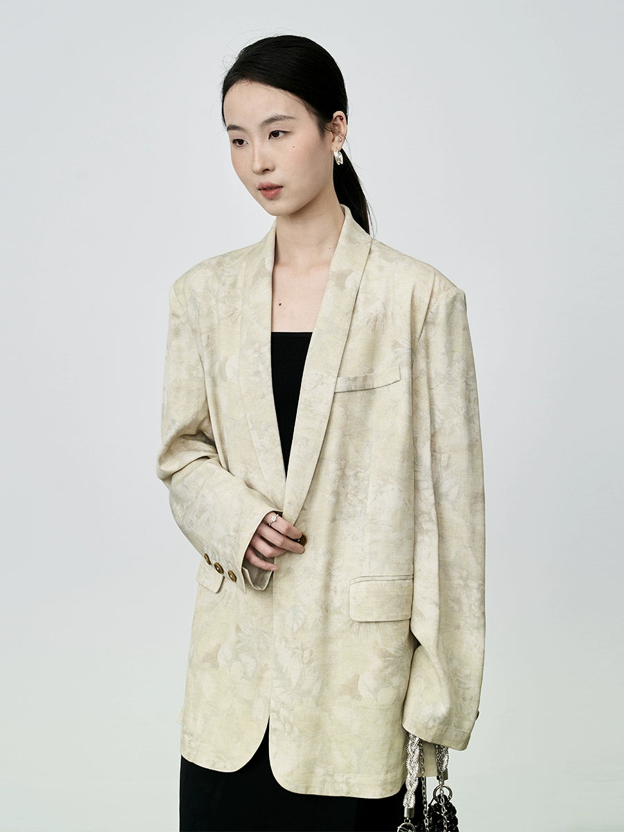 CAREMIND Nuevo blazer chino de tencel con cuello de manzana, traje pequeño holgado con estampado beige para mujer