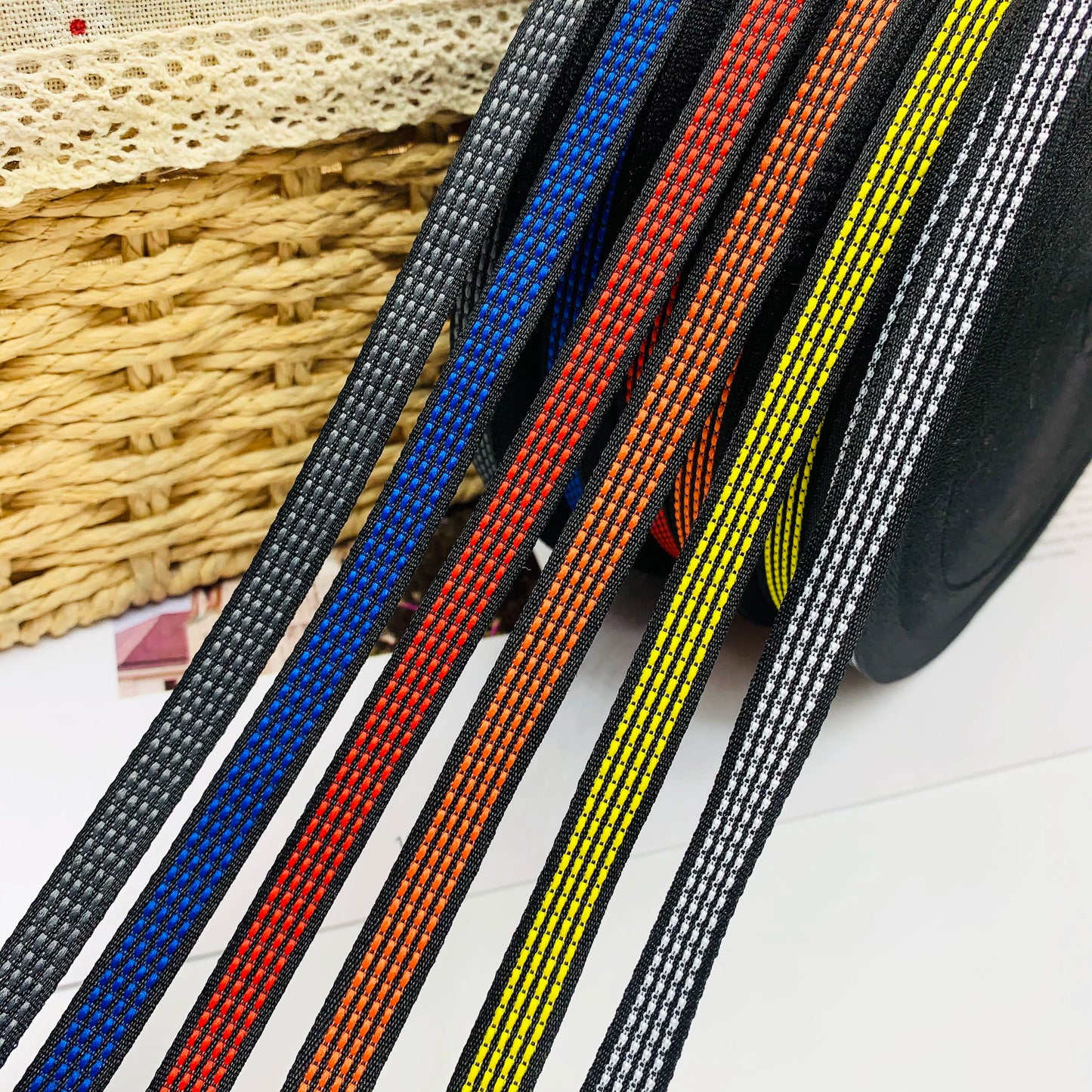 Cinta de punto de salto de 1 cm con rayas de color, cinta de ribete para ropa, cinta de prensado para bordes, cinta de jacquard, accesorios para ropa