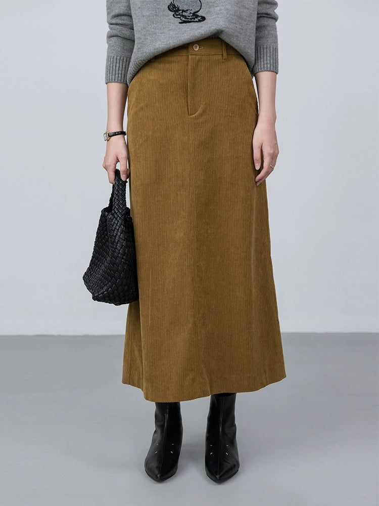 Falda retro CAREMIND que cubre la carne, falda mediana y larga de pana color jengibre para mujer