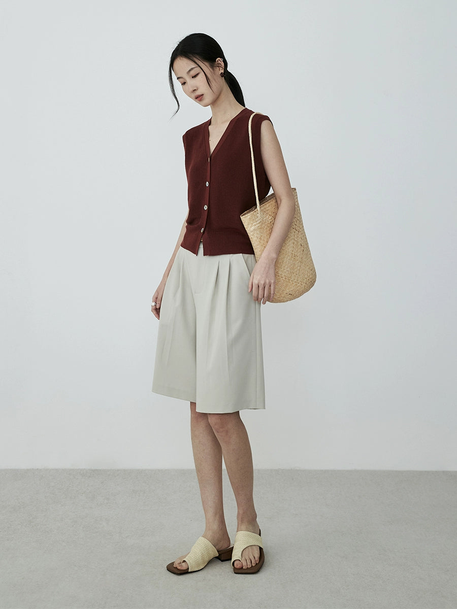 Pantalones anchos de pierna de traje de albaricoque CAREMIND, pantalones de cinco puntos, pantalones cortos casuales de cintura alta y pierna ancha de verano para mujer