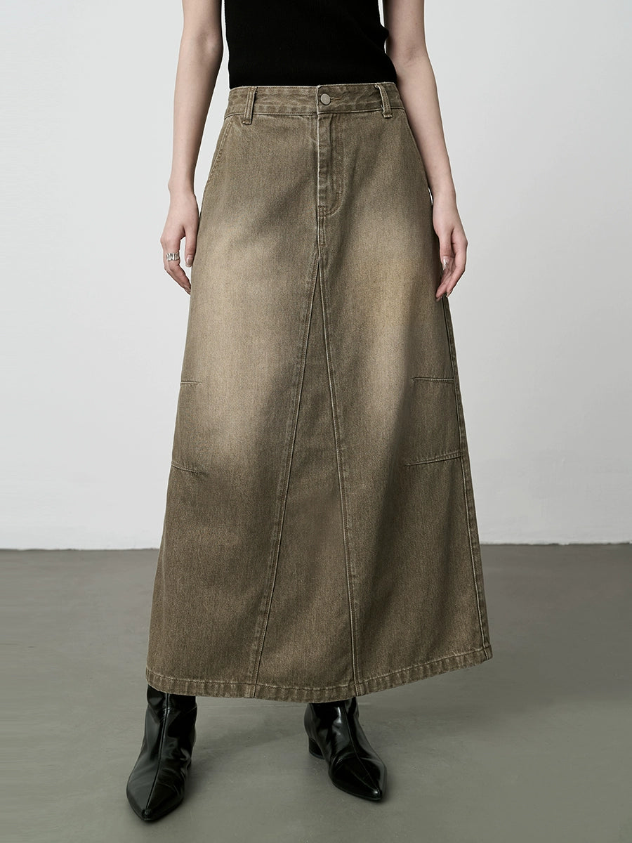 Falda vaquera antigua retro americana CAREMIND 2024, cintura alta, palabra A, falda larga de algodón con abertura