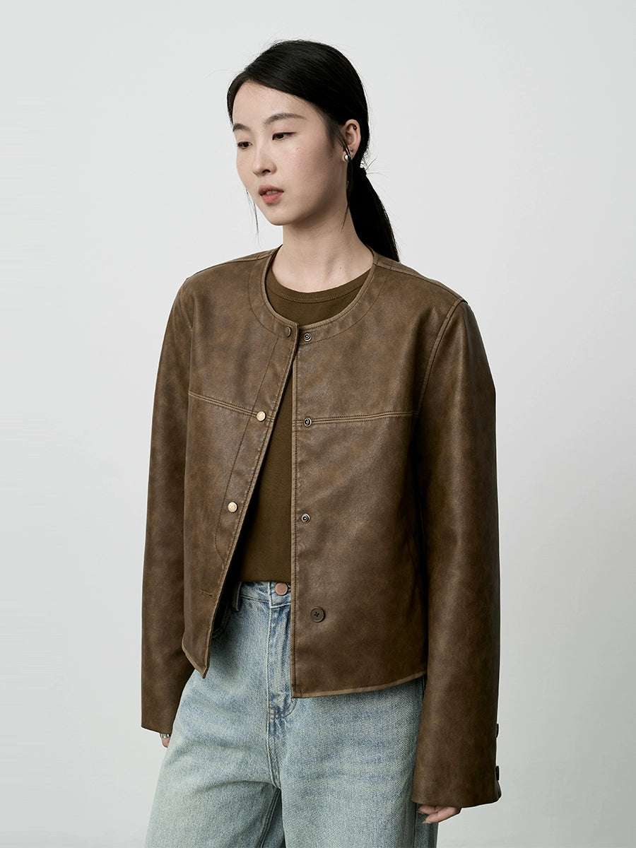 CAREMIND Chaqueta corta de cuero con cuello redondo Chaqueta corta premium Maillard Retro Wear para mujer