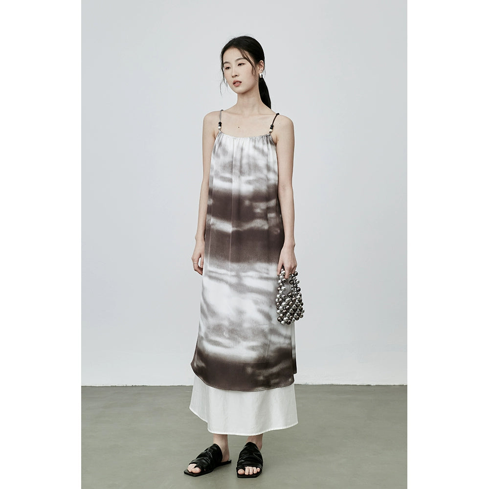 CAREMIND estilo nacional temperamento pintura de tinta vestido de tirantes vestido de otoño nuevo manchado con cuentas sin mangas falda larga