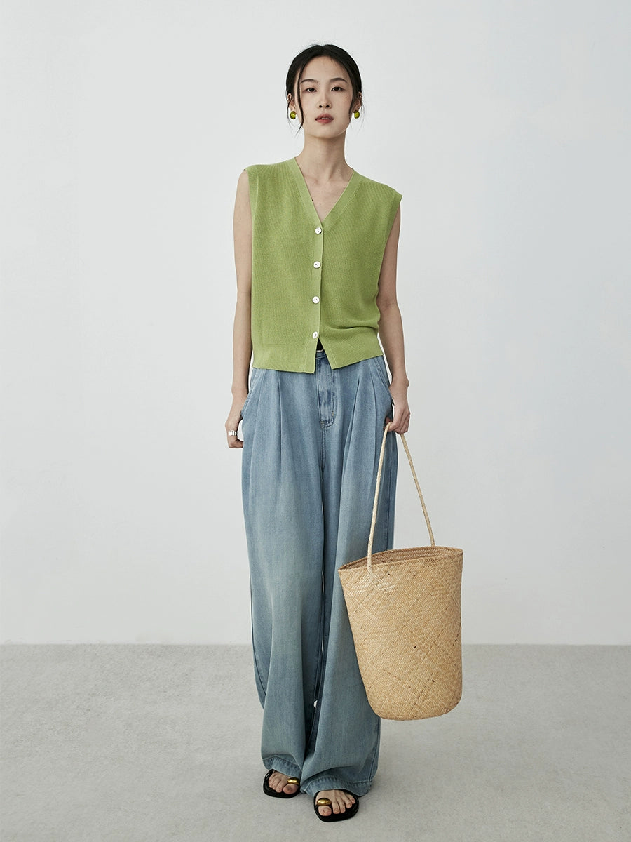 Pantalones vaqueros largos de verano de lyocell de primera calidad con pernera ancha y estrecha de CAREMIND en color azul vintage para mujer