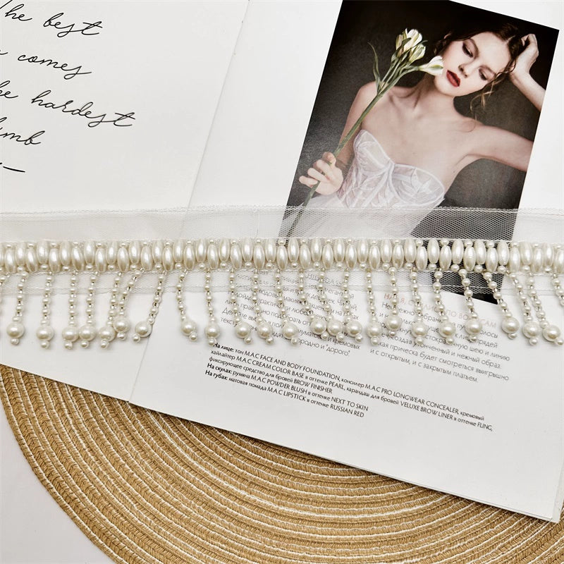 3686 Encaje para ropa con flecos y cuentas para la industria pesada, hecho a mano, para decoración de cortinas, cuentas colgantes, accesorios de malla de encaje de perlas