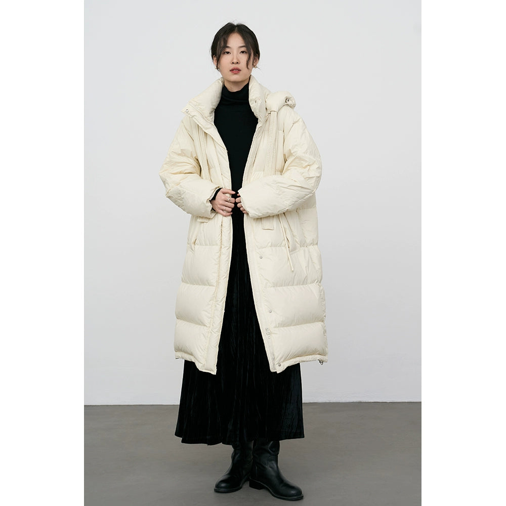 CAREMIND Chaqueta de plumón con capucha hasta la rodilla blanca para mujer, chaqueta térmica de plumón 90 %