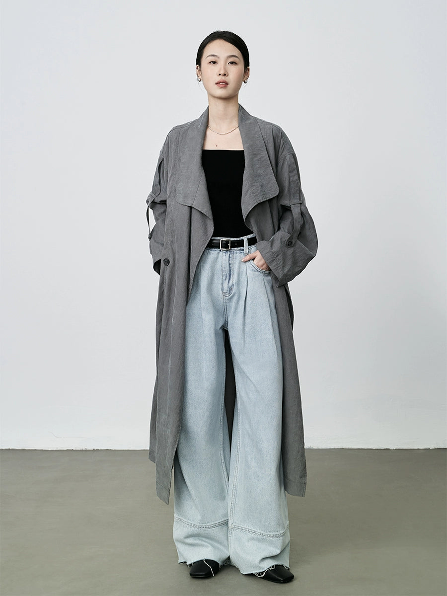 CAREMIND Gabardina informal holgada gris mediana y larga, abrigo fino de temperamento retro francés para mujer