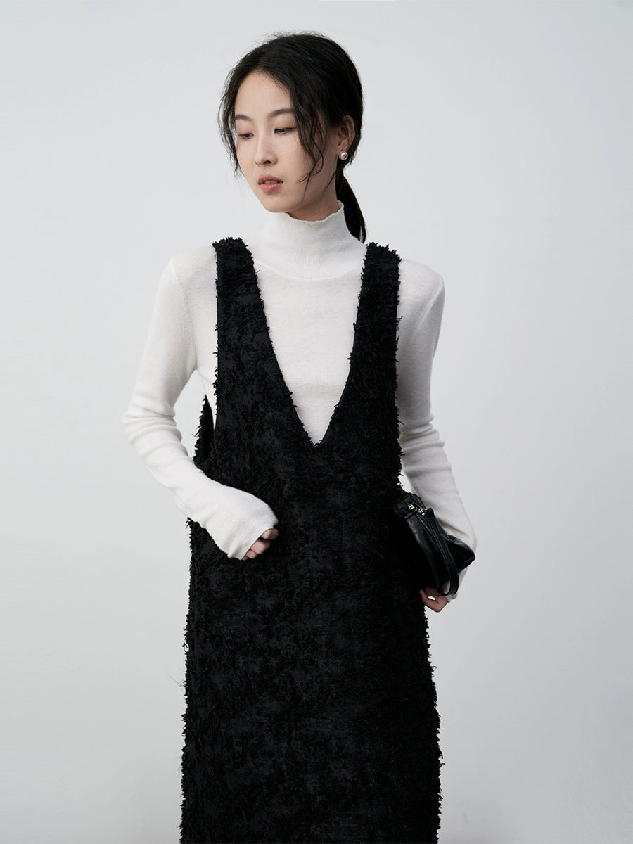 Chaleco con escote en V negro CAREMIND, falda larga, falda apilada, diseño con flecos, chaleco versátil, vestido para mujer