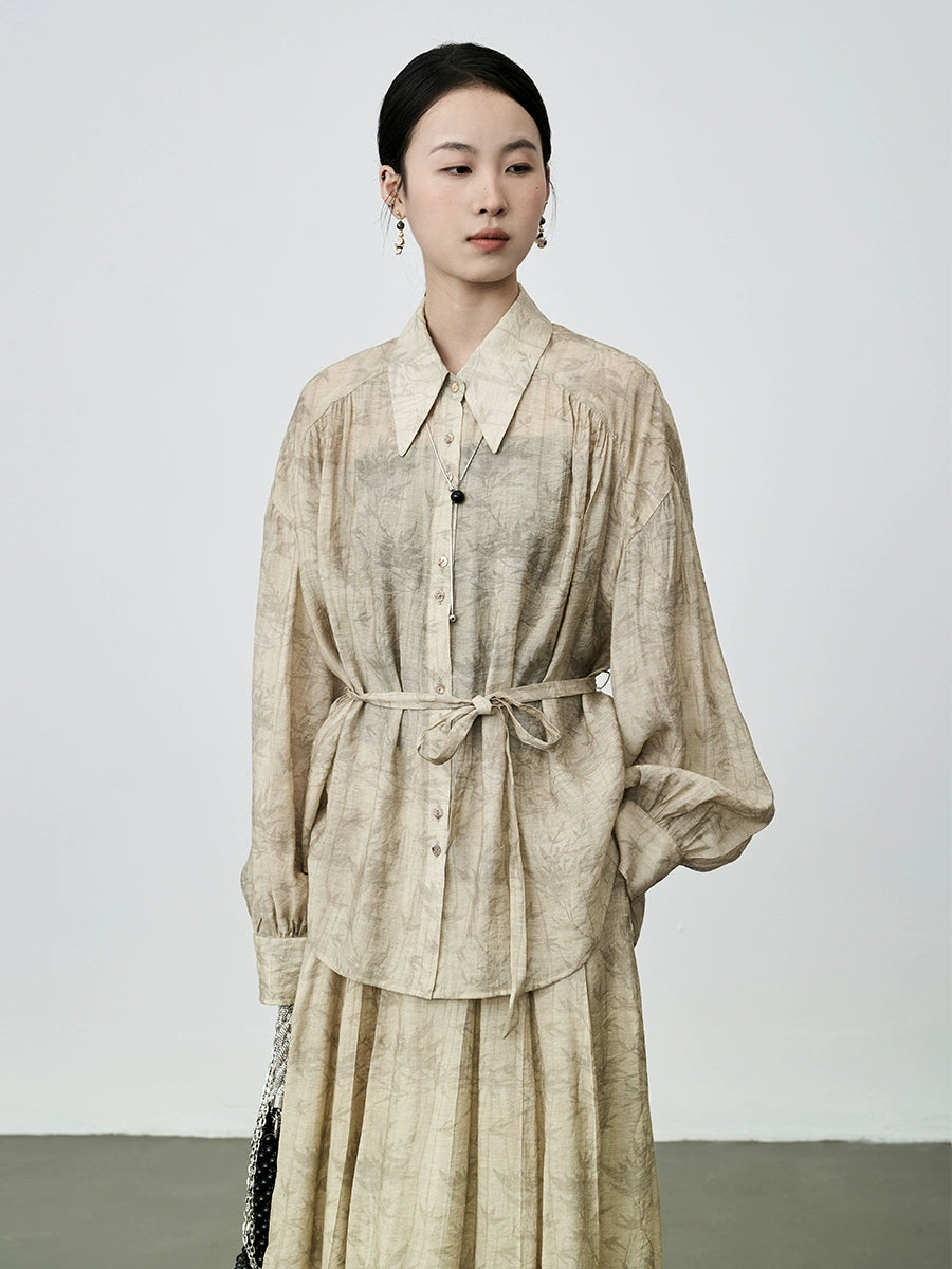 Conjunto chino nuevo CAREMIND 2024, conjunto de dos piezas con camisa y falda plisada con estampado de bambú retro