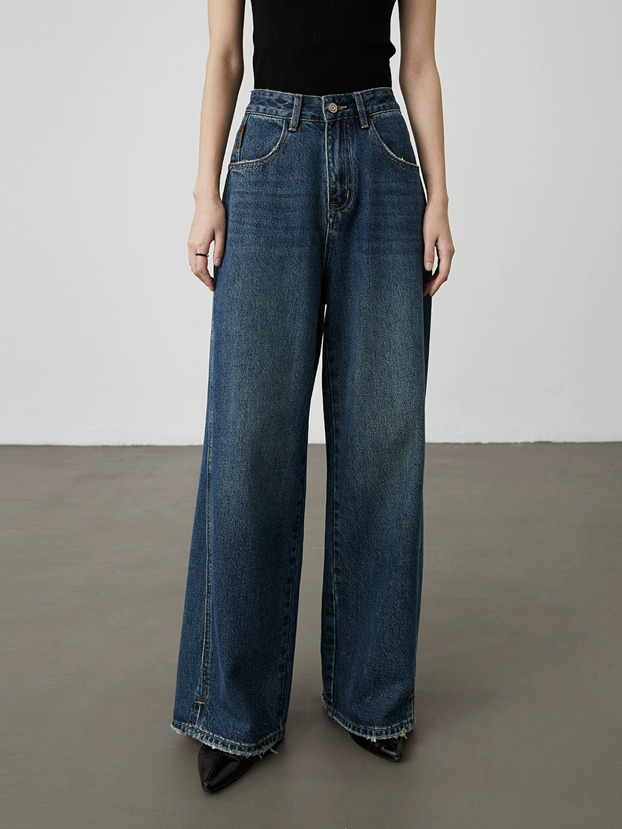 Pantalones vaqueros rectos azules lavados de principios de otoño de CAREMIND, pantalones casuales de pierna ancha, altos y delgados y versátiles