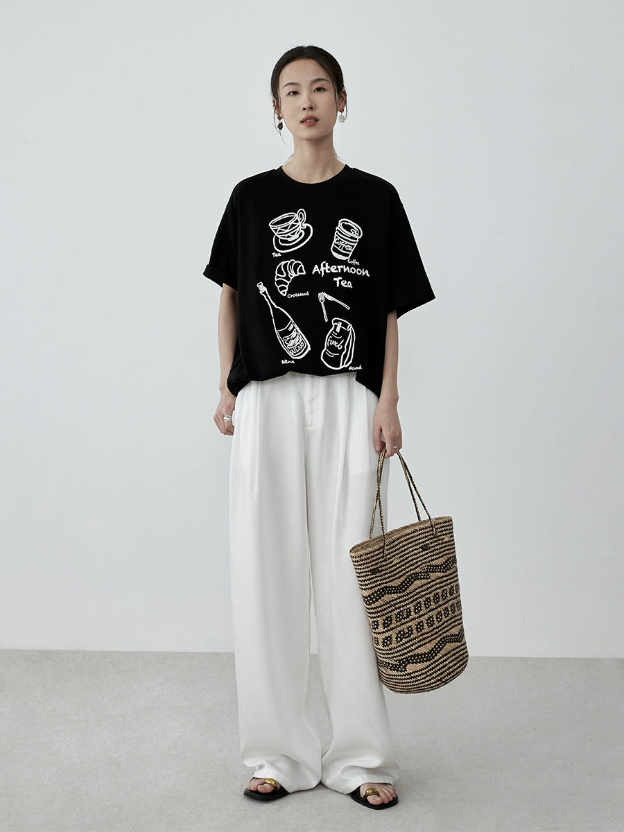 CAREMIND, camiseta minimalista en blanco y negro con estampado de té de la tarde, grafiti en el hombro delantero, informal, de manga corta, novedad de verano