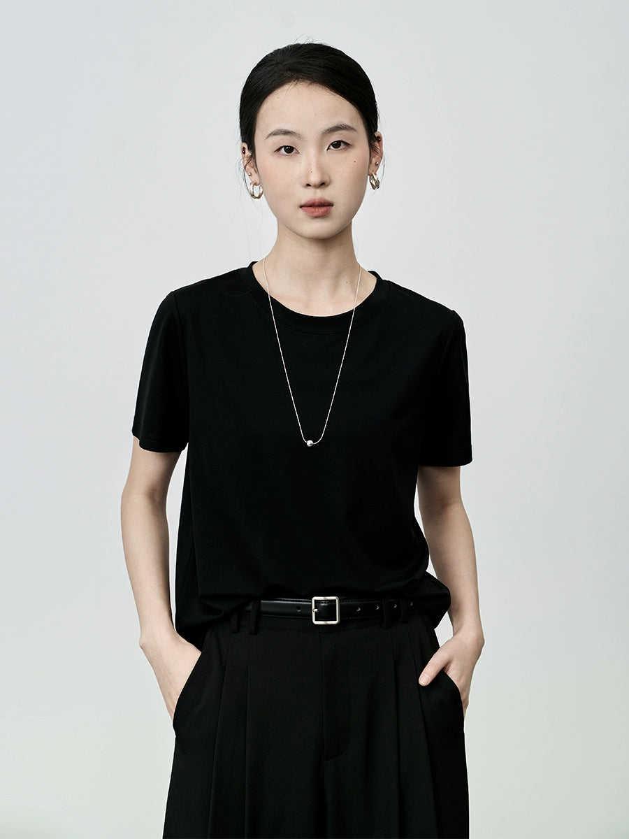 Camiseta básica clásica de cuello redondo de color liso de manga corta con hombros descubiertos para mujer de CAREMIND