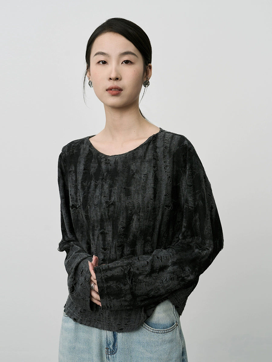 Camiseta de manga larga con diseño de agujeros antiguos de CAREMIND, color negro, con efecto tie-dye, para principios de primavera, estilo informal y versátil