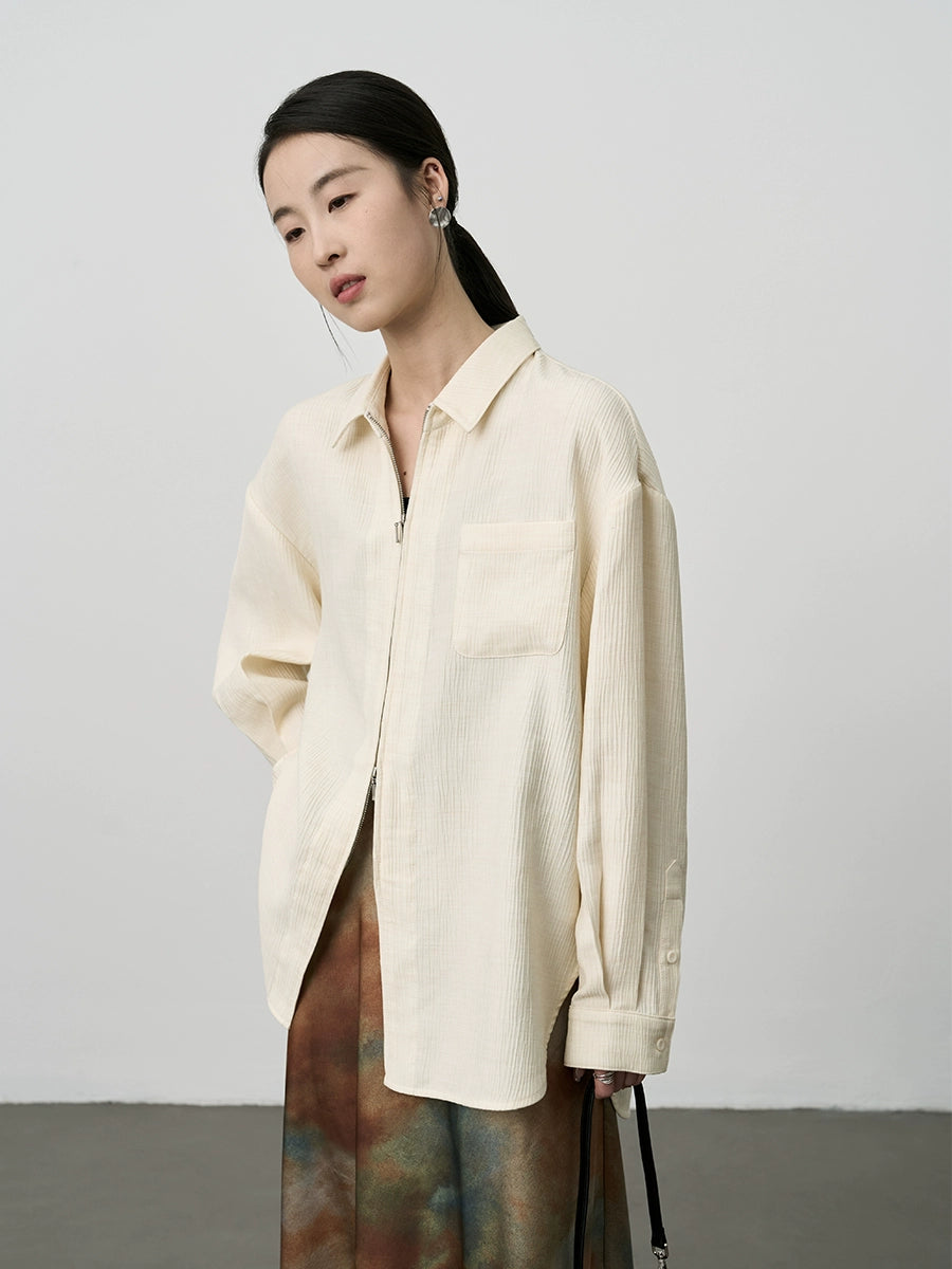 Camisa informal con doble cremallera y textura de sal de CAREMIND, holgada, estilo perezoso, color crema