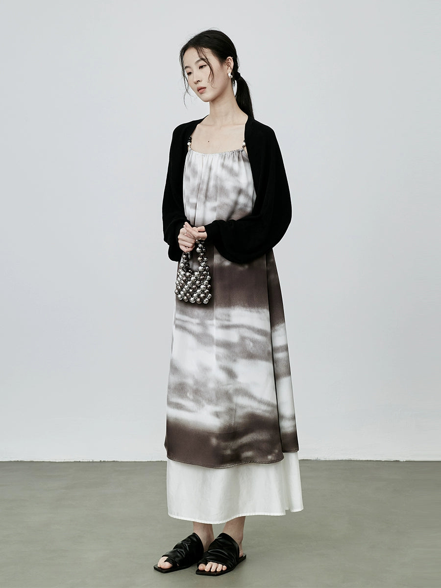 CAREMIND estilo nacional temperamento pintura de tinta vestido de tirantes vestido de otoño nuevo manchado con cuentas sin mangas falda larga