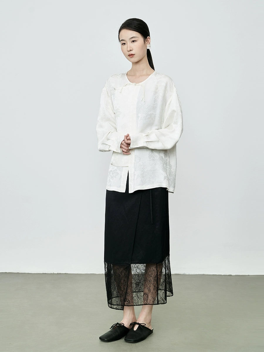 Camisa de manga larga con botones y tapeta diagonal en jacquard de color albaricoque de CAREMIND, estilo nacional de primera calidad, de satén