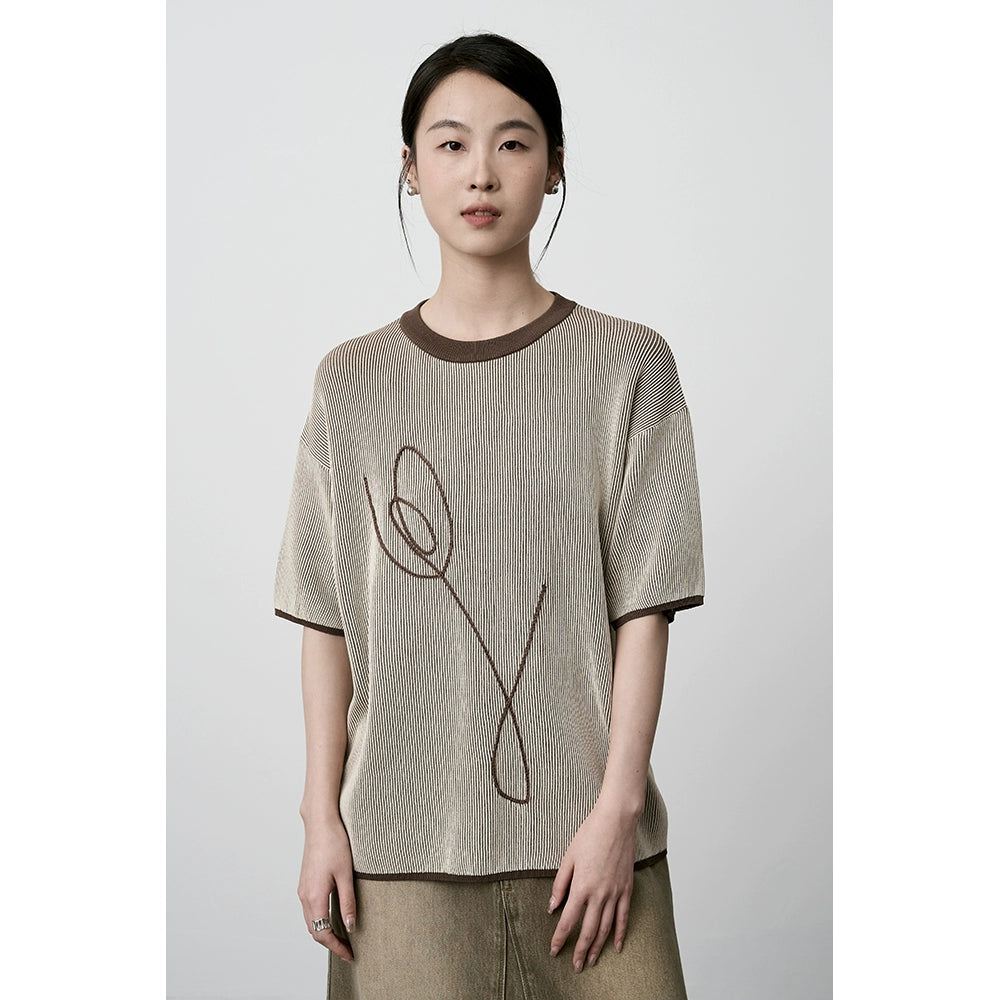 CAREMIND Elegante blusa de manga corta con bordado de tulipanes para mujer, de rayas blancas y negras en color contrastante, sencilla y de manga media