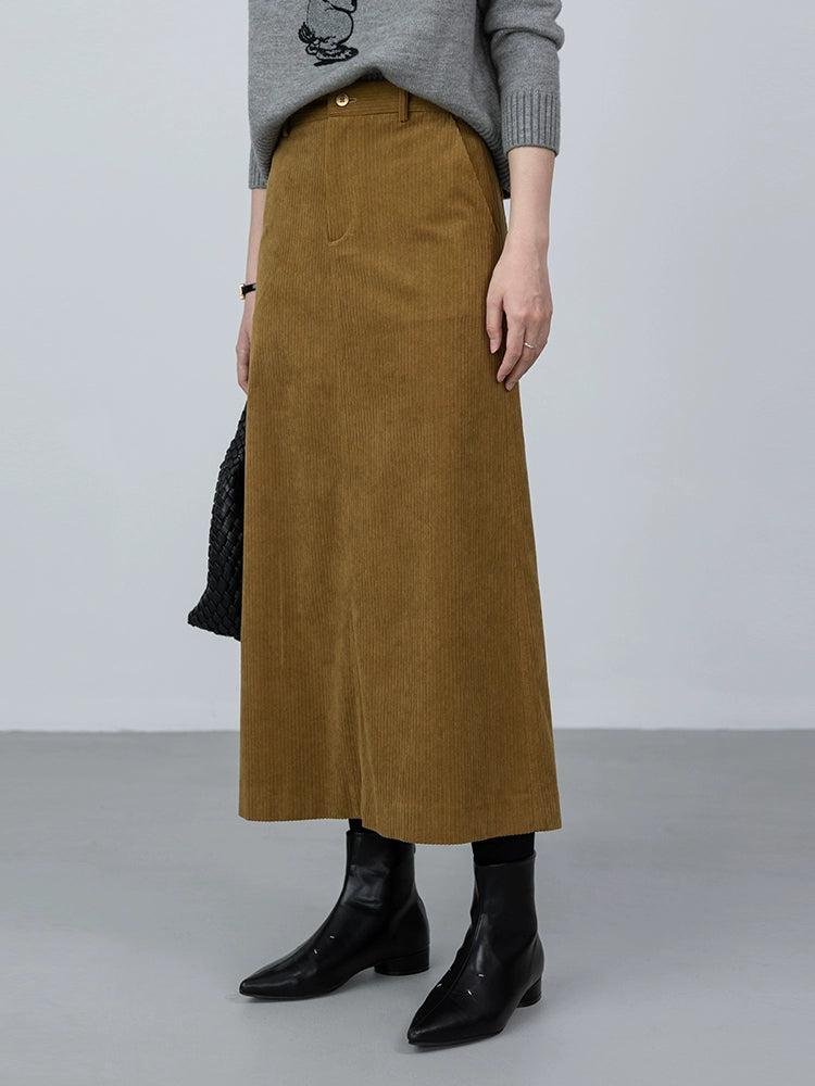 Falda retro CAREMIND que cubre la carne, falda mediana y larga de pana color jengibre para mujer