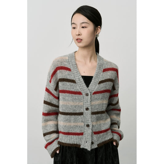 Chaqueta de punto con textura de mohair de primera calidad para mujer, cárdigan retro japonés de color contrastante de CAREMIND