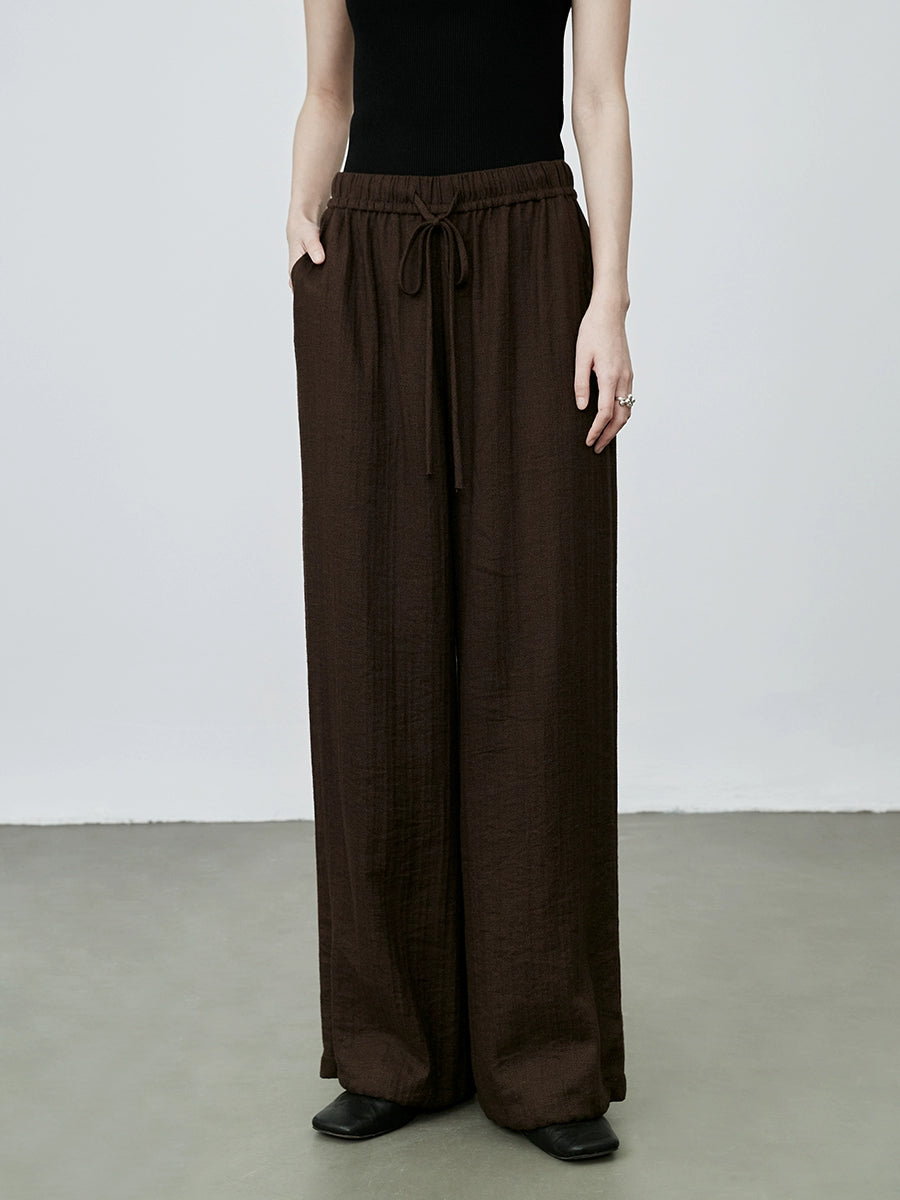 Pantalones casuales rectos de lino color café de CAREMIND, pantalones largos versátiles de cintura alta y elásticos