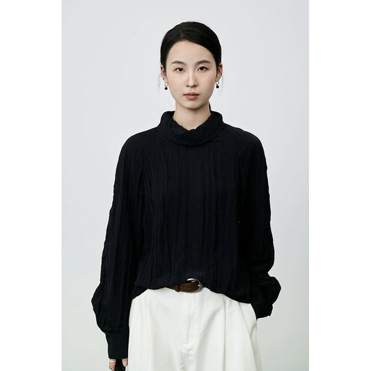 Chemise noire à manches longues et col à poils CAREMIND pour femme, chemise plissée anti-rides texturée à manches longues