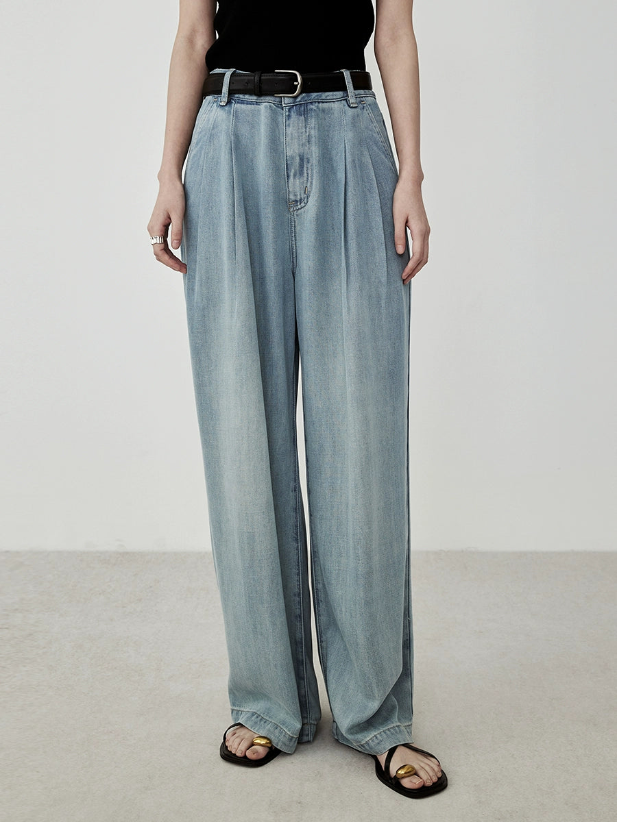 Pantalones vaqueros largos de verano de lyocell de primera calidad con pernera ancha y estrecha de CAREMIND en color azul vintage para mujer