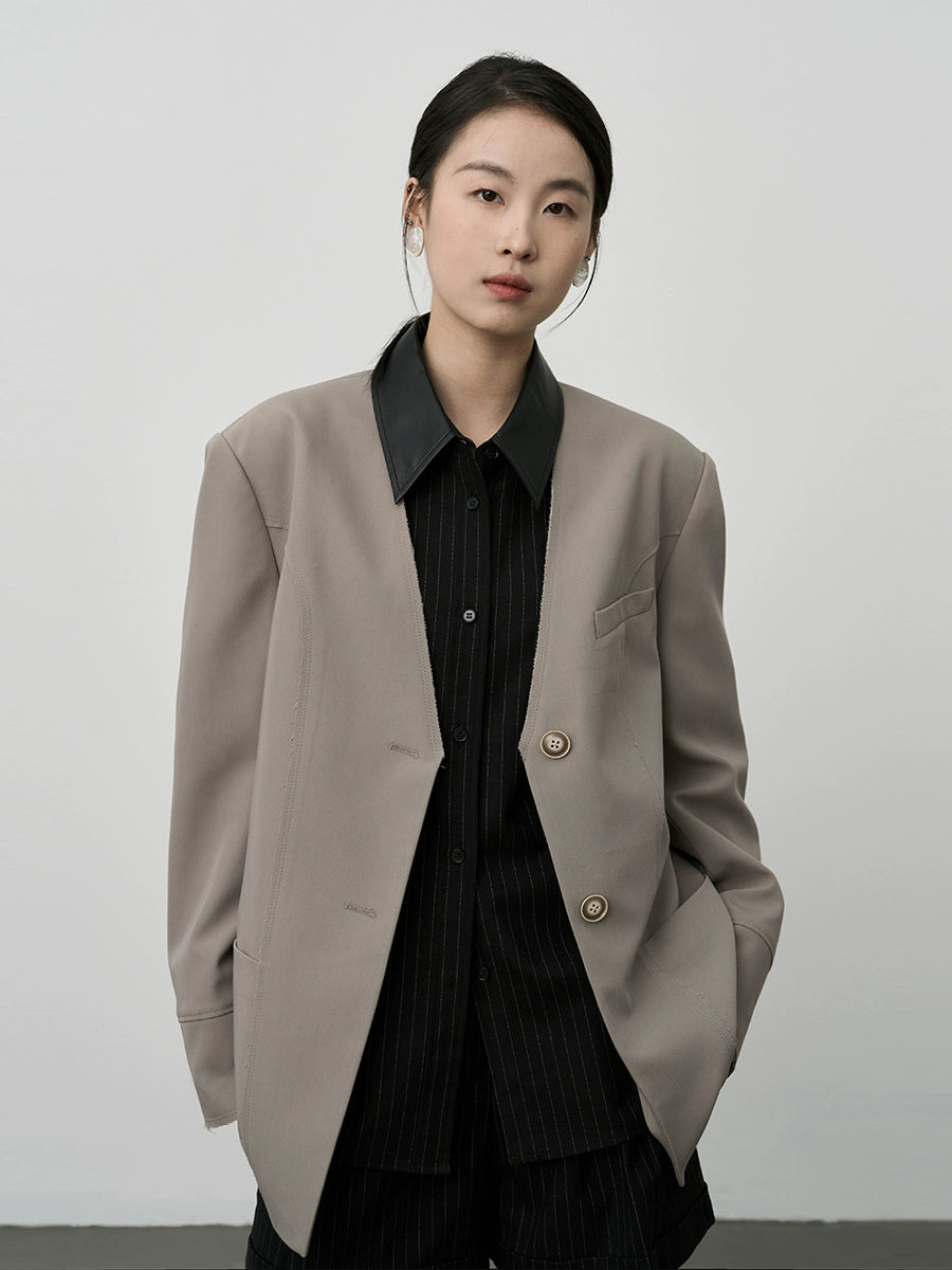 Traje de café gris temperamento CAREMIND, blazer minimalista sin cuello, pantalones rectos colgantes