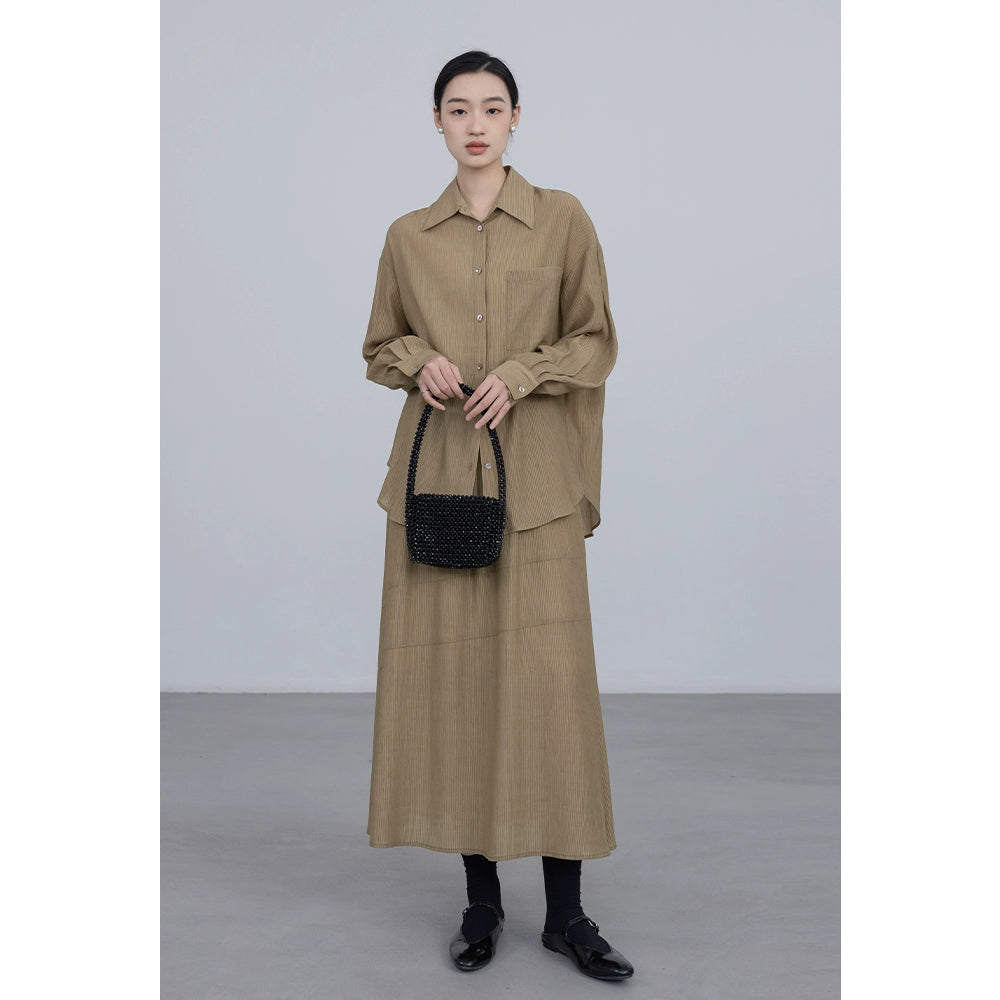 Conjunto de dos piezas de camisa de manga larga con colgante CAREMIND 24SS + falda en forma de A, sal de textura oscura