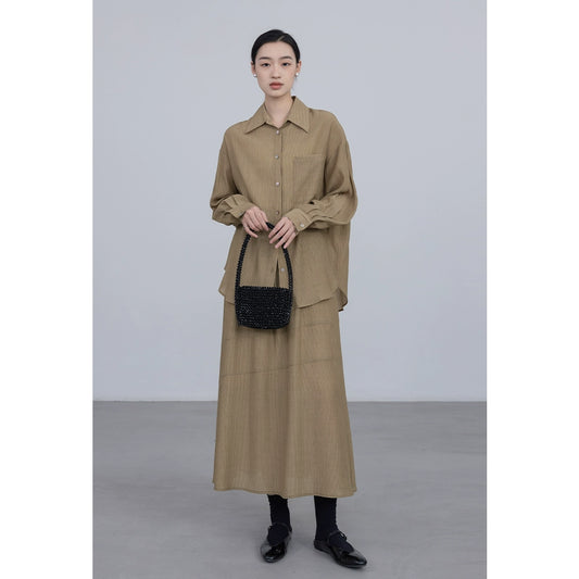 Conjunto de dos piezas de camisa de manga larga con colgante CAREMIND 24SS + falda en forma de A, sal de textura oscura