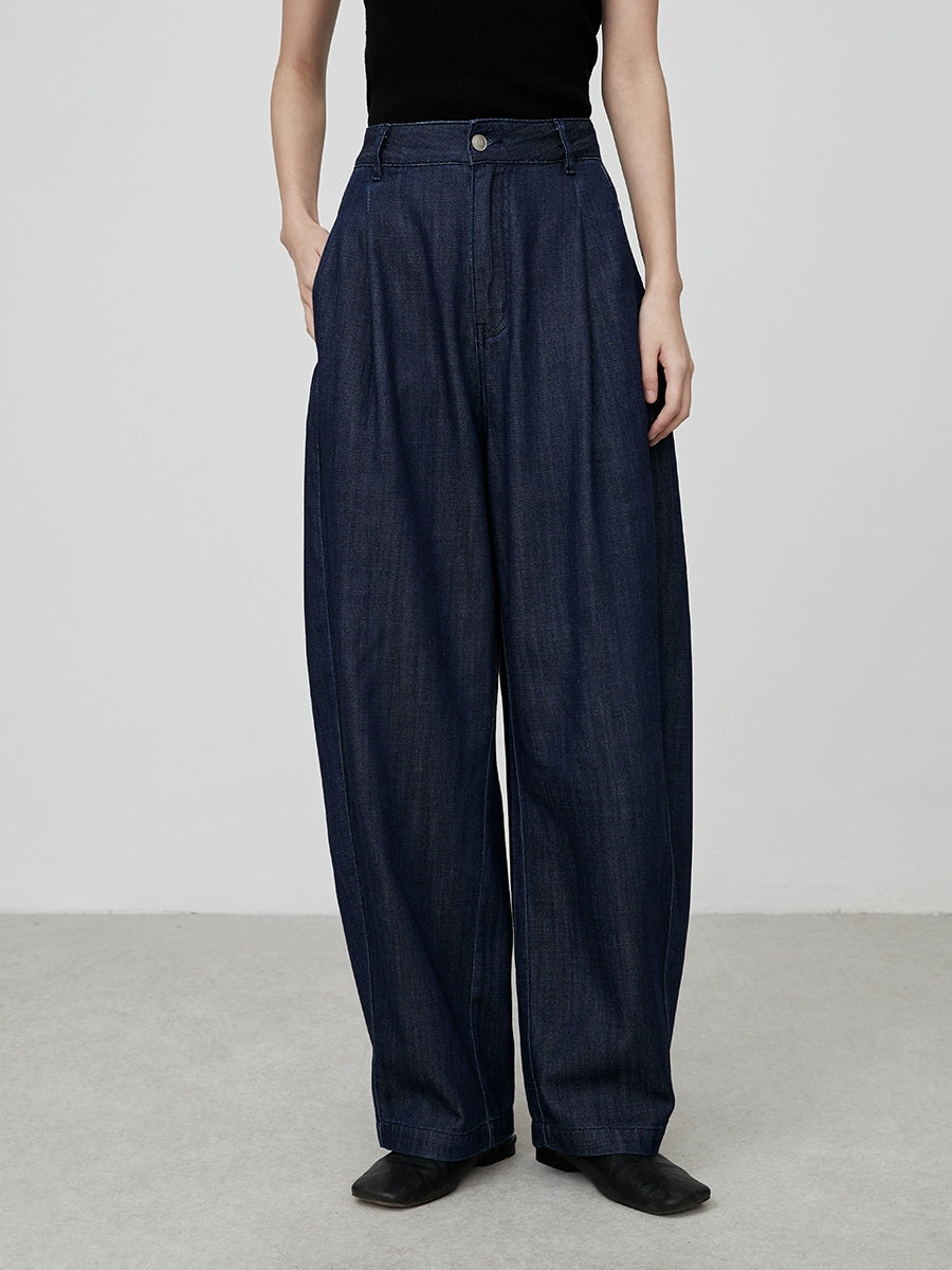 CAREMIND - Polo de mezclilla retro azul oscuro, camisa de manga corta, pantalones vaqueros de pierna ancha para mujer