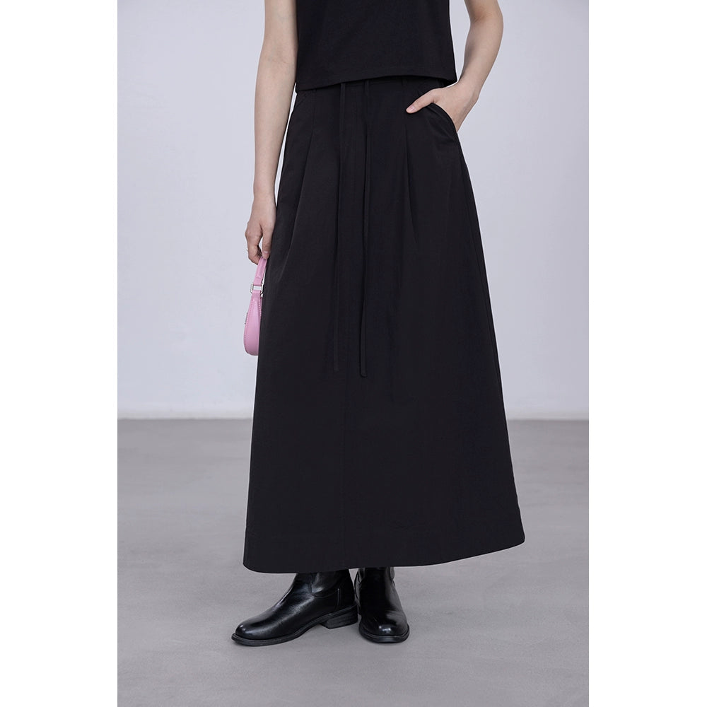 CAREMIND Falda plisada pequeña con cordón de cintura alta de color sólido para mujer, diseño de abertura, estilo simple, falda fina de palabra A, mediana y larga